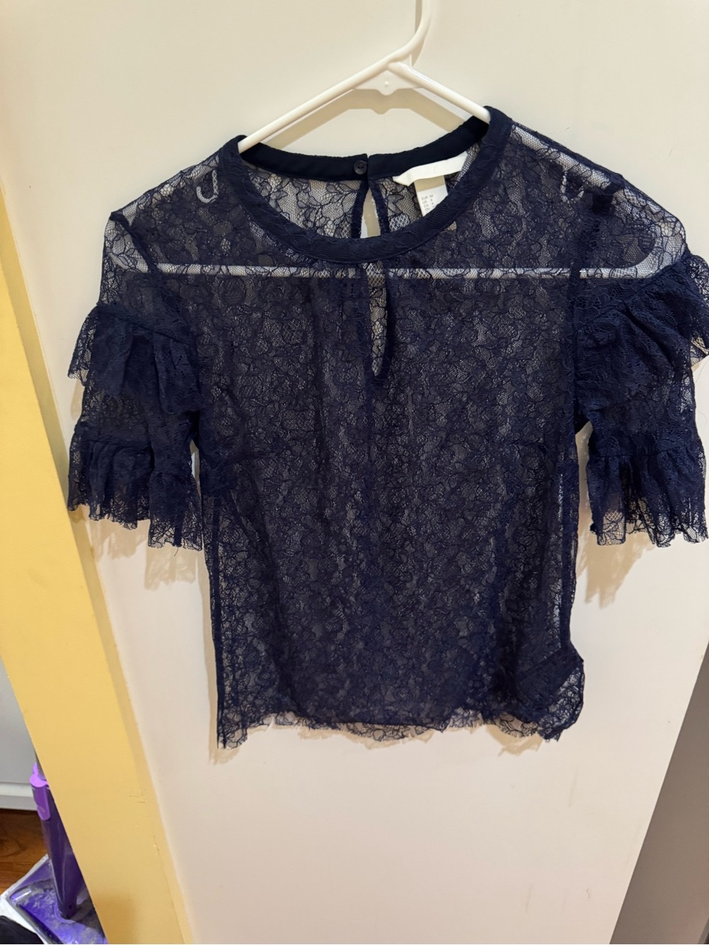H&M Navy Lace Tiered Ruffle Sleeve Blouse